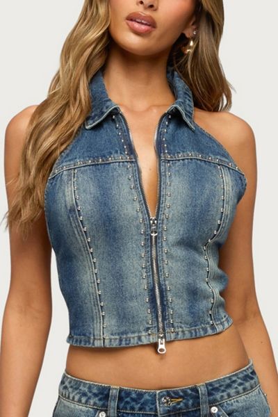 Edikted Gaya Backless Zip Up Denim Top