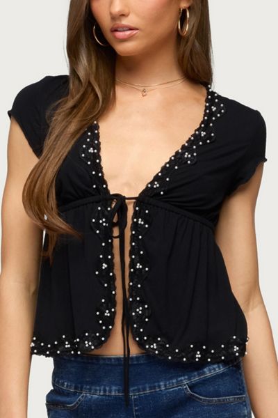 Edikted Sepede Lacey Pearl Tie Front Top