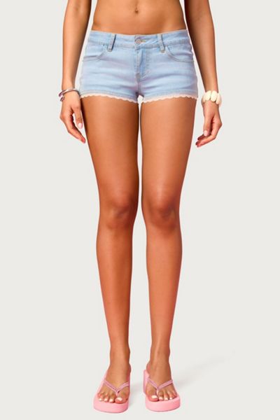 Edikted Barbie™ Lacey Low Rise Denim Micro Shorts