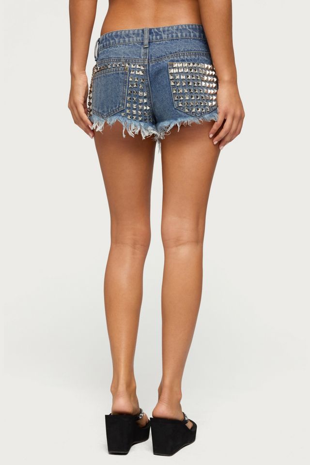 Edikted Studded Frayed Low Rise Denim Shorts #3