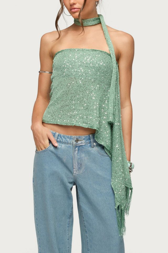 Edikted Two Piece Sequin Knit Scarf Top #3