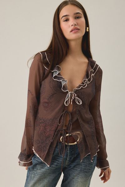 Kimchi Blue Willa Waterfall Ruffle Tie-Front Bell Sleeve Blouse