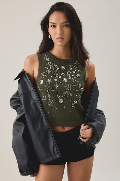 UO Asher Beaded Embellished Ribbed Tank Top
