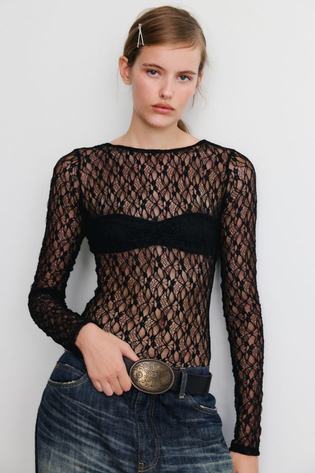 Out From Under Lily Sheer Lace Long Sleeve Bodysuit #1