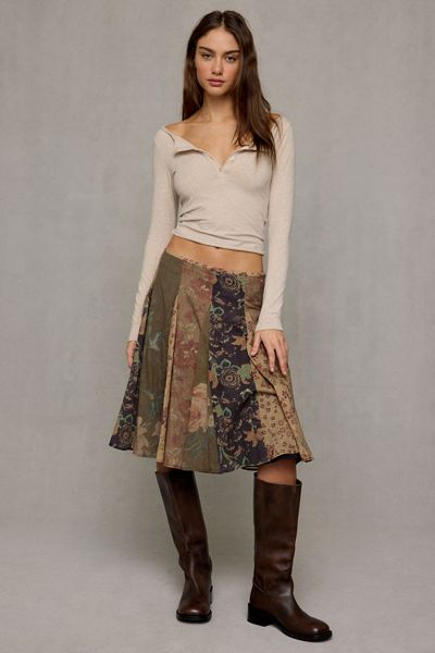 BDG Ria Mixed Print Patchwork Godet Midi Skirt