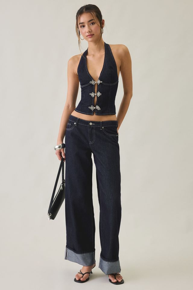Tiger Mist Tilda Frog Button Denim Halter Neck Top #1