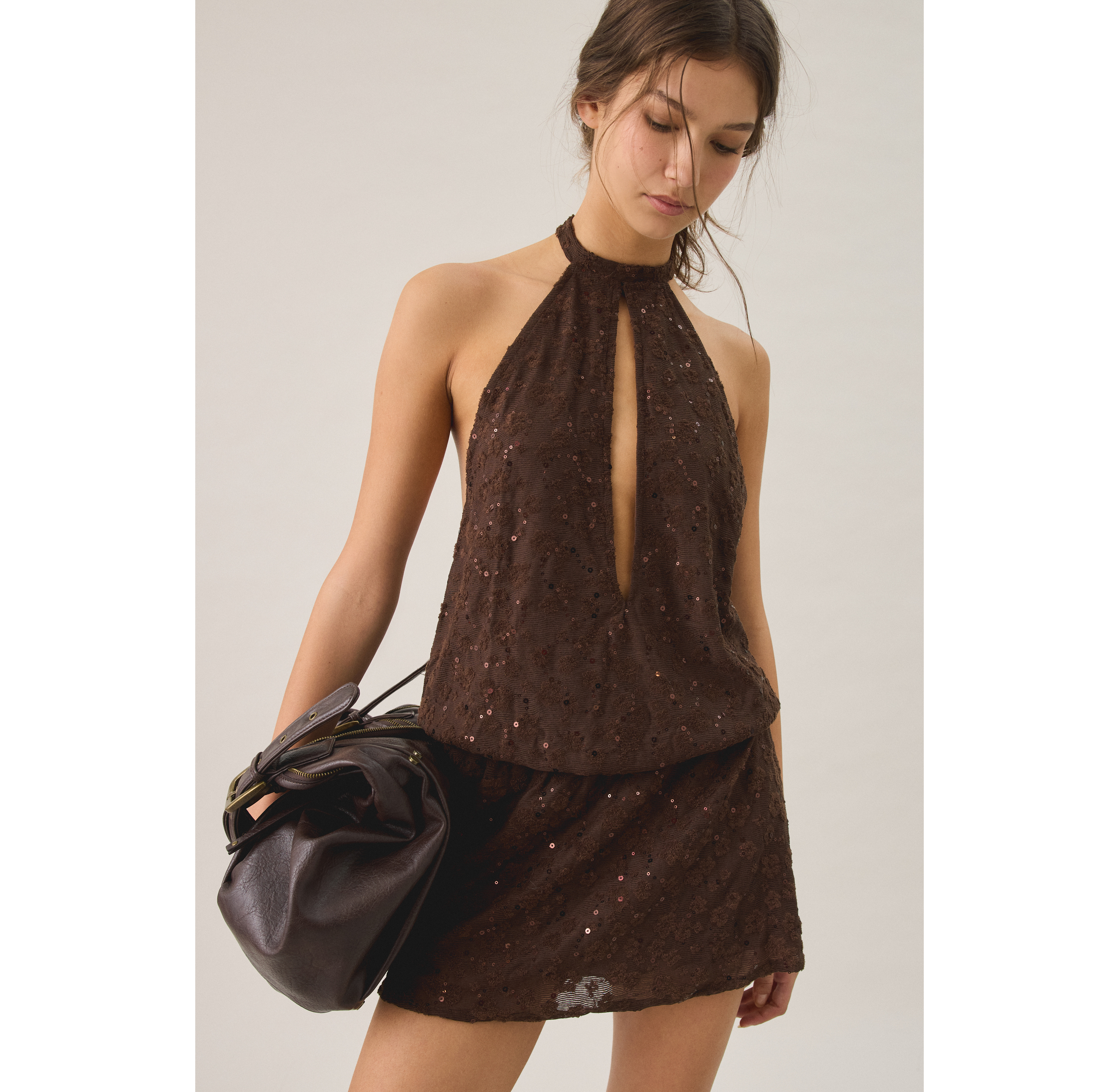 Motel Belly Sequin Keyhole Cutout Mini Dress