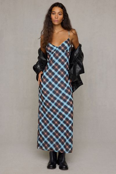 Motel Bianna Plunging Plaid Maxi Dress