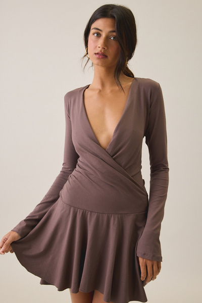 Motel Ginnie Plunging Surplice Long Sleeve Mini Dress