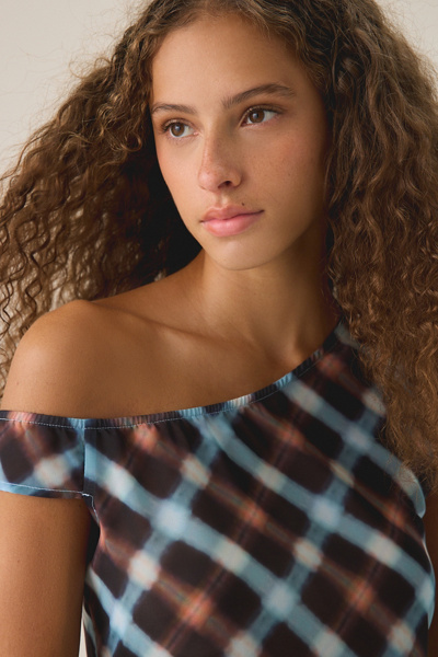 Motel Darni Hazy Check Asymmetric Off-Shoulder Top