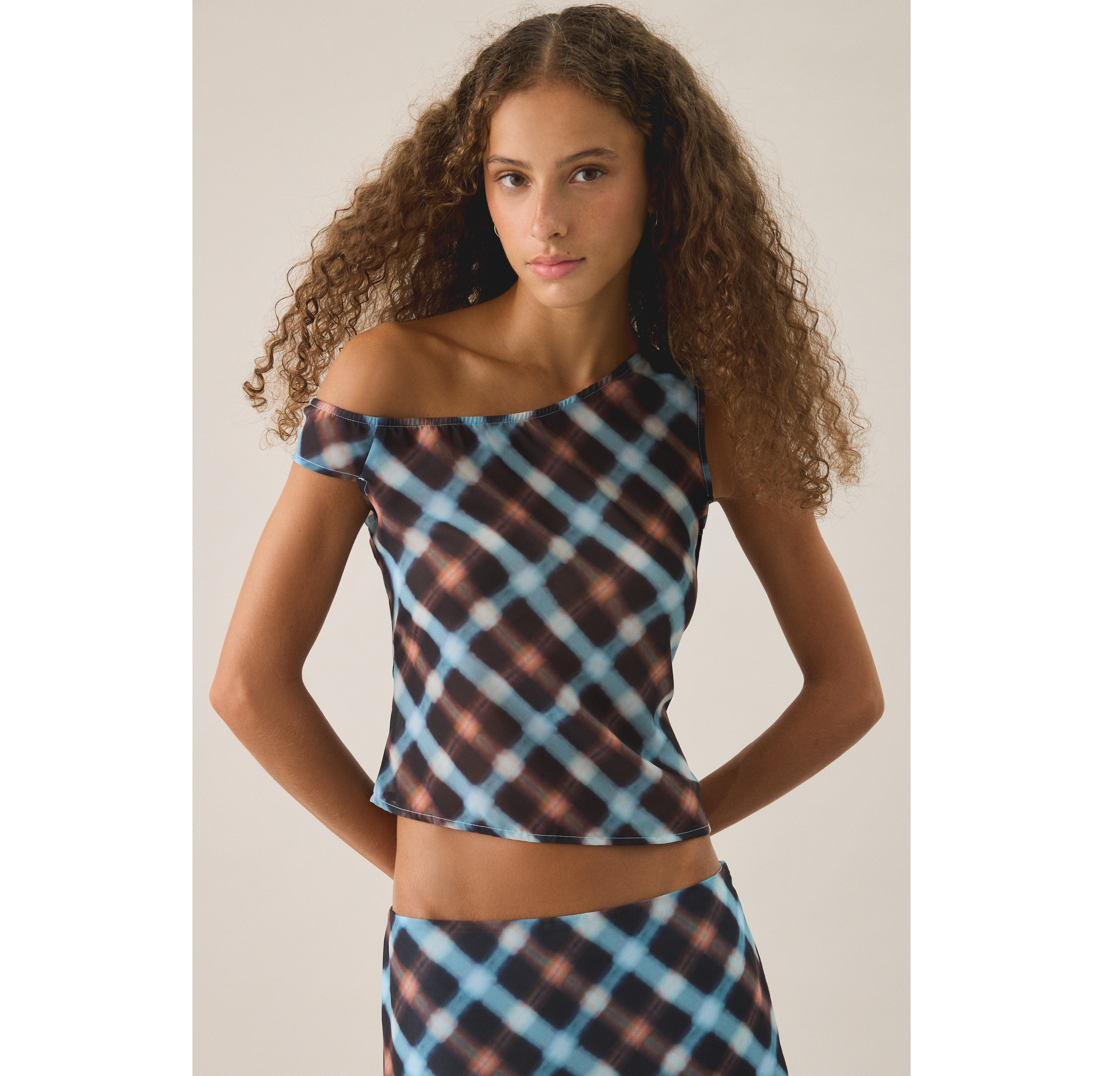 Motel Darni Hazy Check Asymmetric Off-Shoulder Top