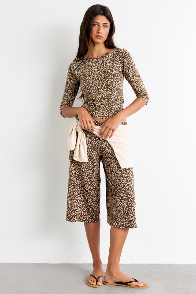 Motel Ione Leopard Print 3/4 Sleeve Boatneck Top #1