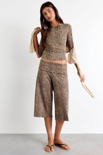 Motel Obsy Leopard Print Foldover Wide Leg Capri Pants