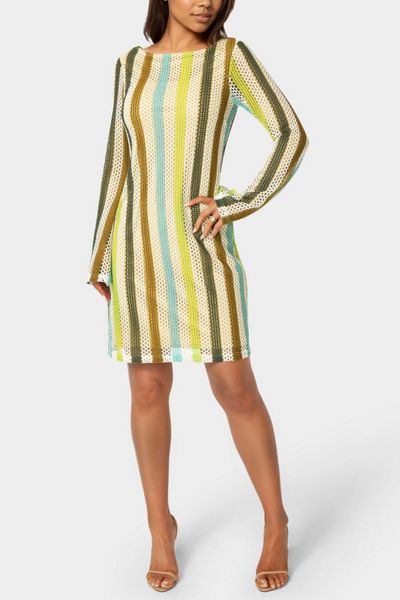 Bebe Stripe Long Sleeve Crochet Dress