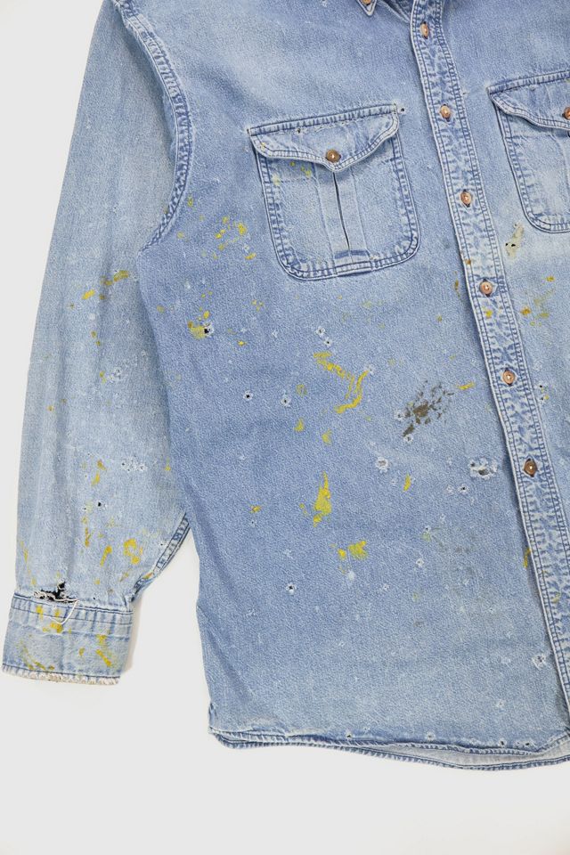Vintage Distressed Denim Button-Down Shirt #4
