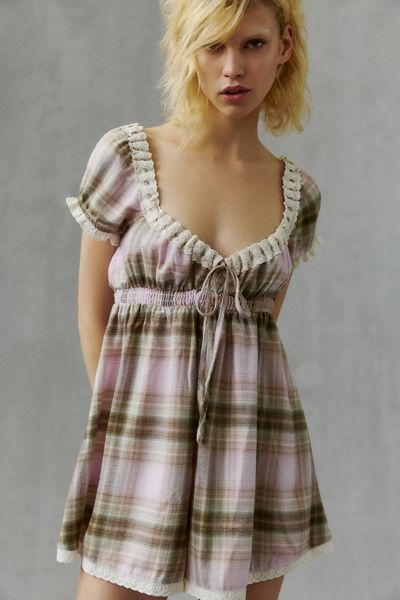 Out From Under Bear Hug Plaid Babydoll Romper