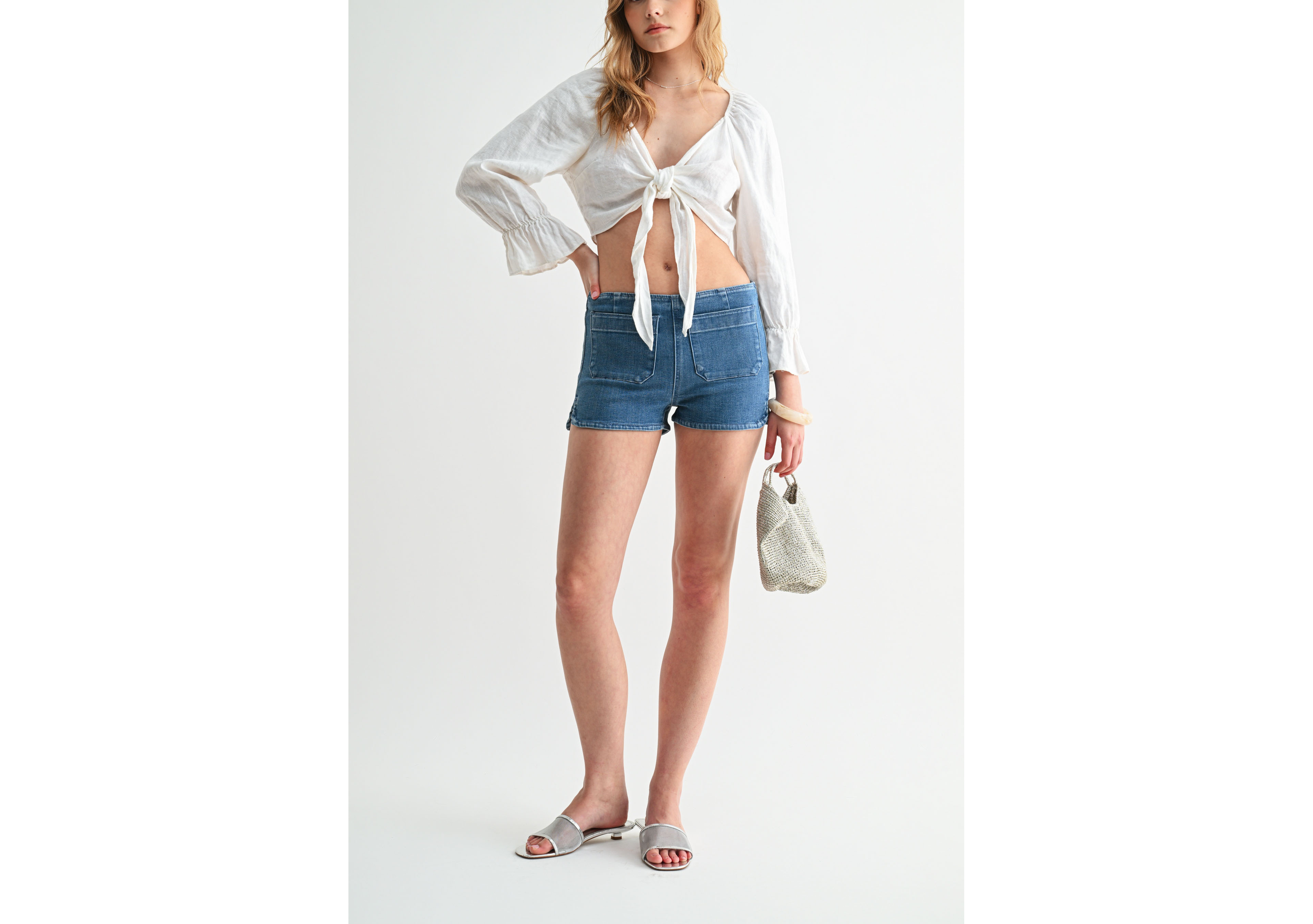 Jemina Denim Mid-Rise Patch Pocket Short