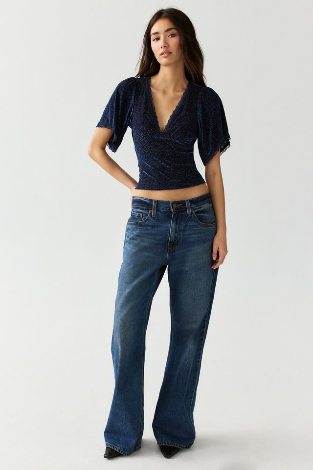 Kimchi Blue La Vie En Rose Embellished Velvet Flutter Sleeve Top #1
