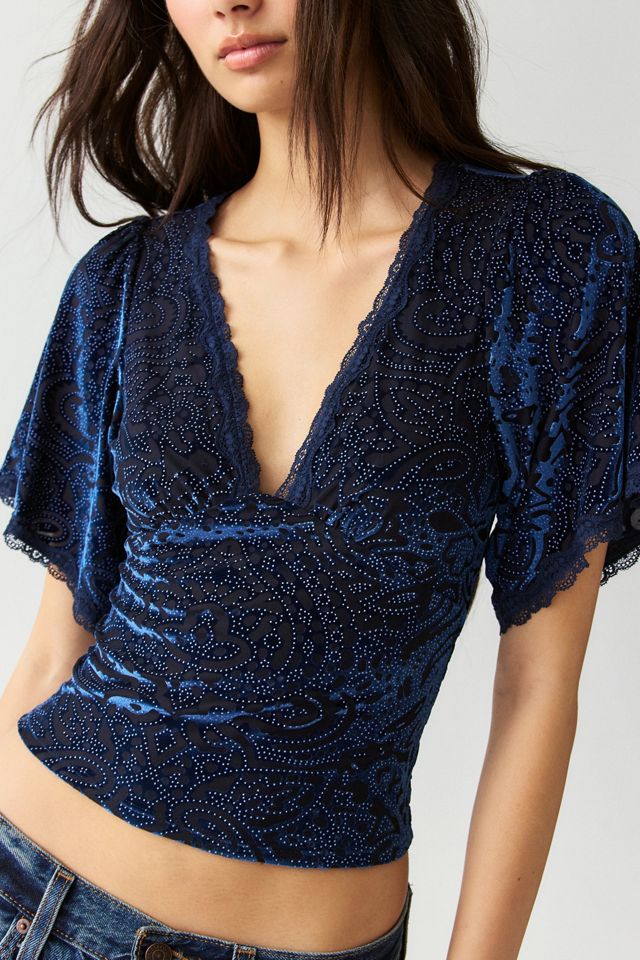 Kimchi Blue La Vie En Rose Embellished Velvet Flutter Sleeve Top #2