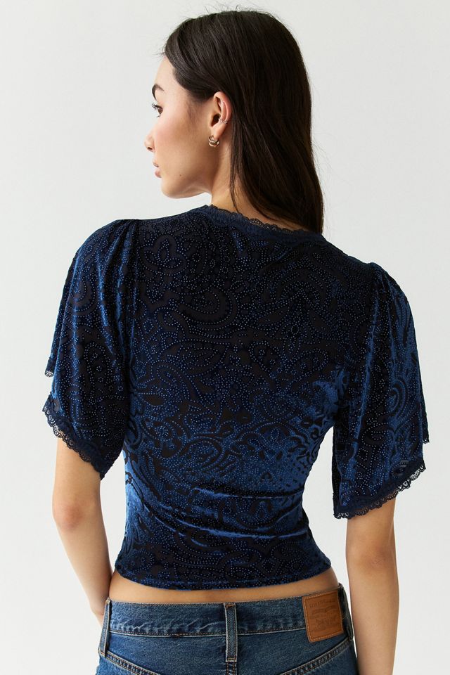 Kimchi Blue La Vie En Rose Embellished Velvet Flutter Sleeve Top #3