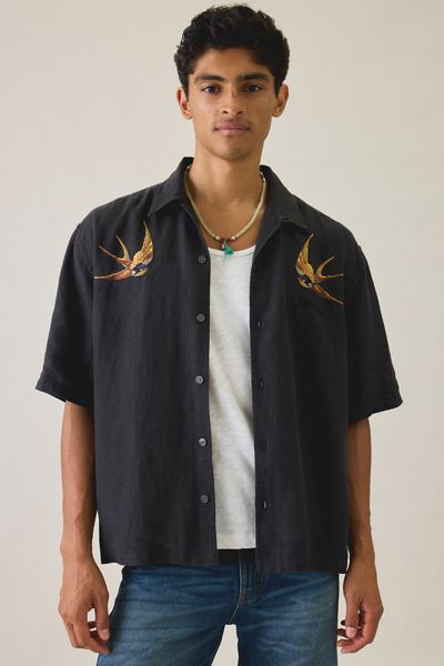 AllSaints Avia Embroidered Linen Short Sleeve Shirt