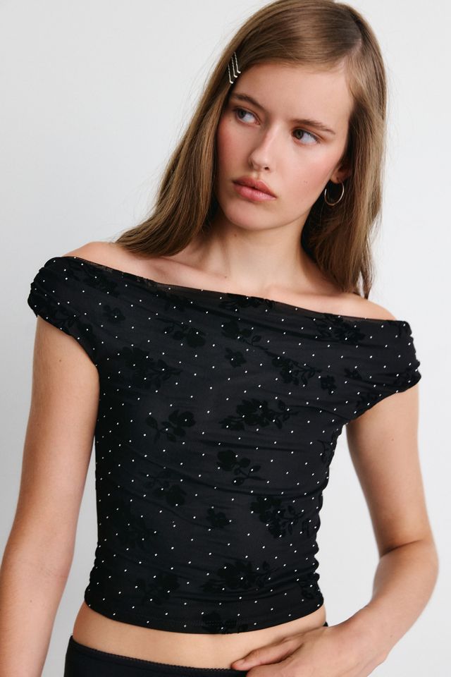 UO Fia Embellished Flocked Floral Off-The-Shoulder Crop Top #1