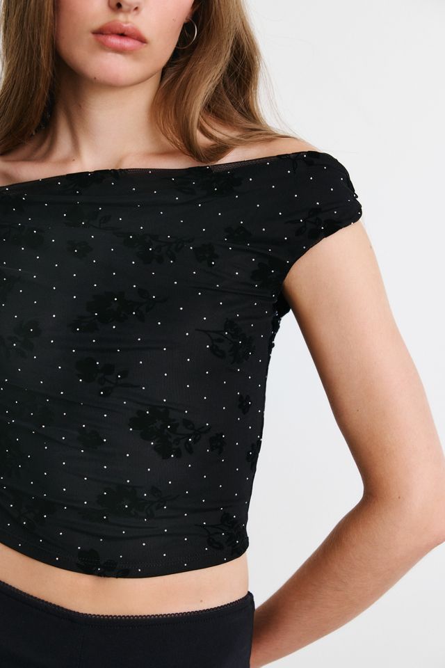 UO Fia Embellished Flocked Floral Off-The-Shoulder Crop Top #3