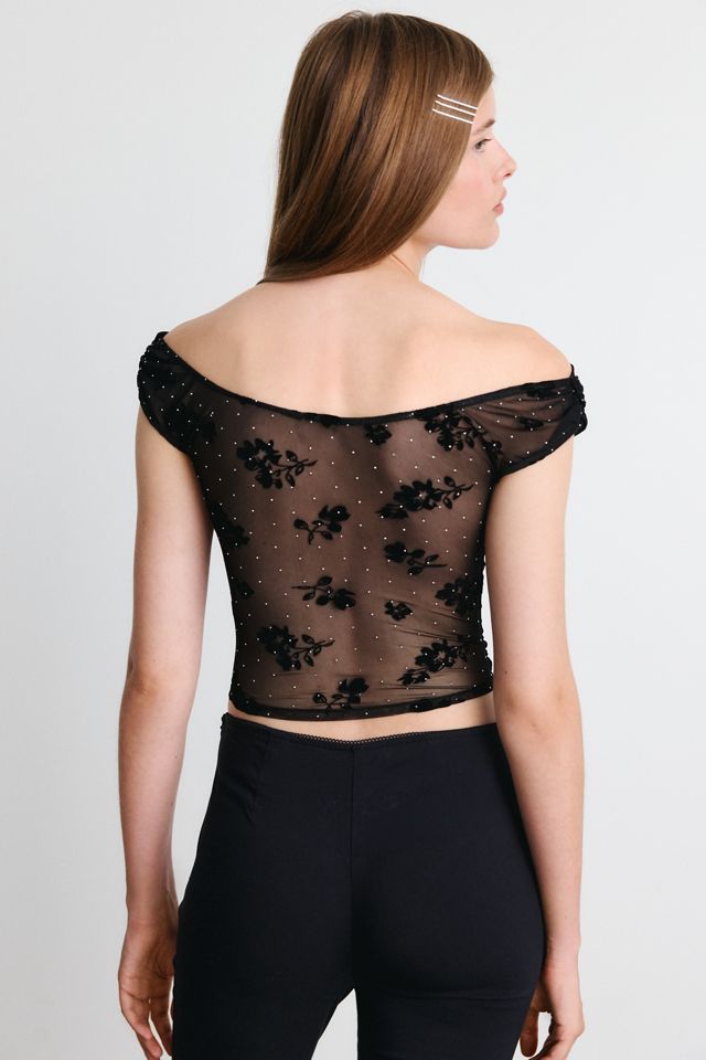 UO Fia Embellished Flocked Floral Off-The-Shoulder Crop Top #4