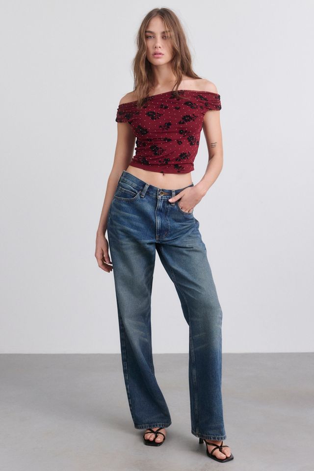 UO Fia Embellished Flocked Floral Off-The-Shoulder Crop Top #1