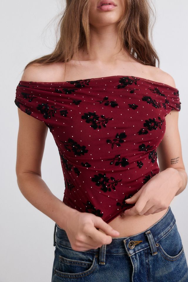 UO Fia Embellished Flocked Floral Off-The-Shoulder Crop Top #2