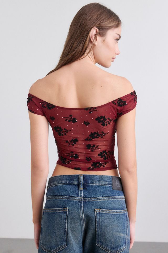 UO Fia Embellished Flocked Floral Off-The-Shoulder Crop Top #3
