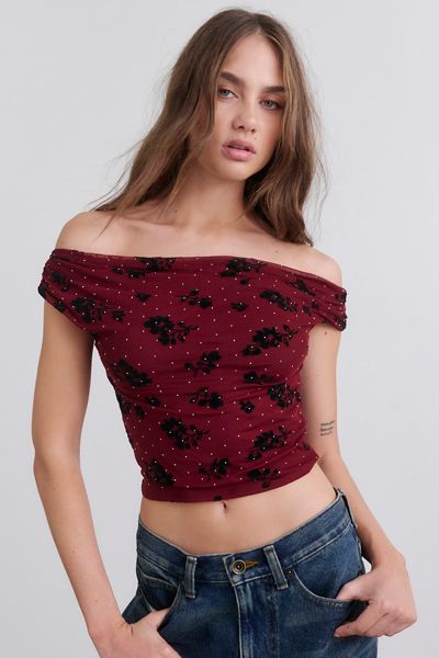 UO Fia Embellished Flocked Floral Off-The-Shoulder Crop Top
