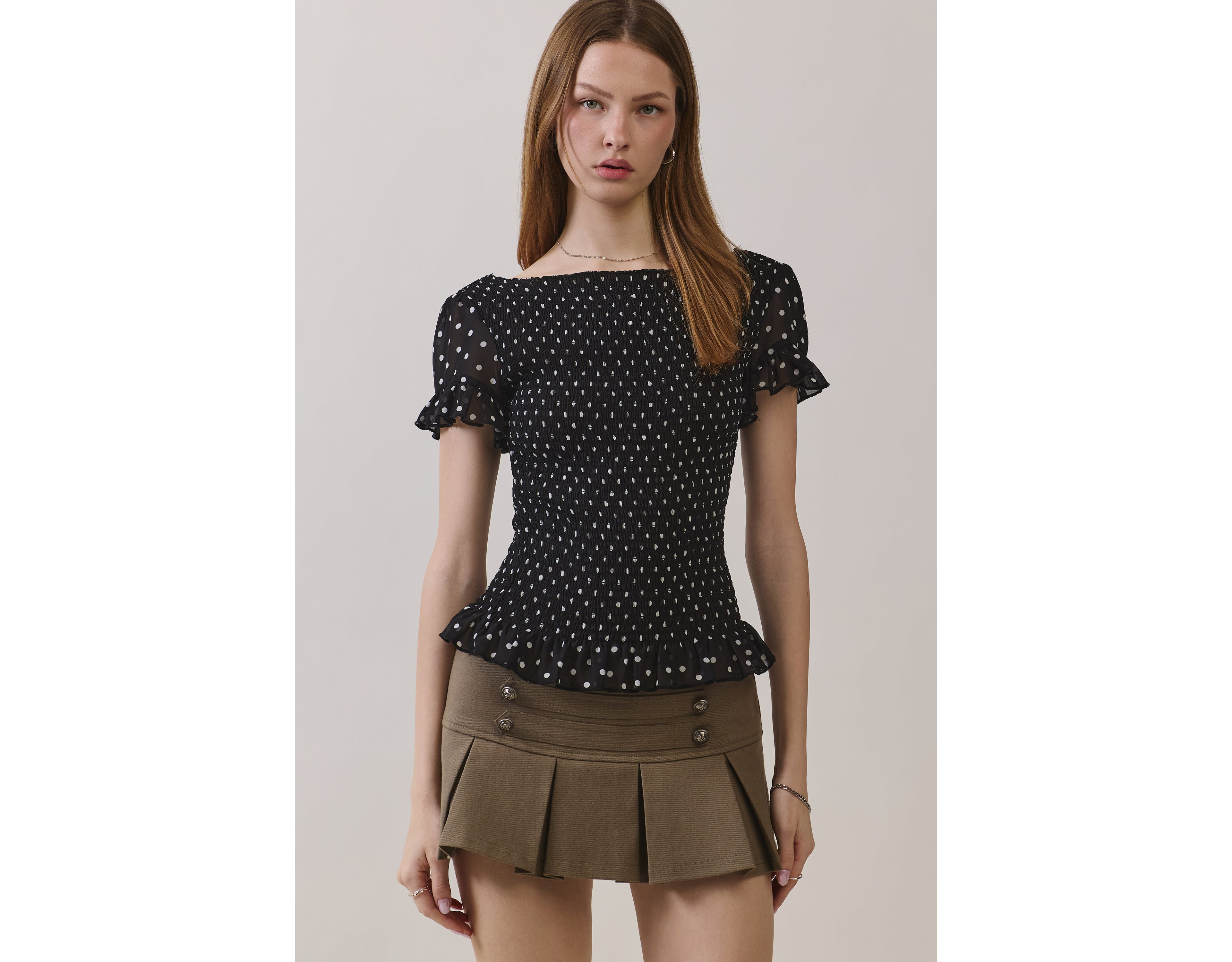 Personal Code Dottie Polka Dot Smocked Top
