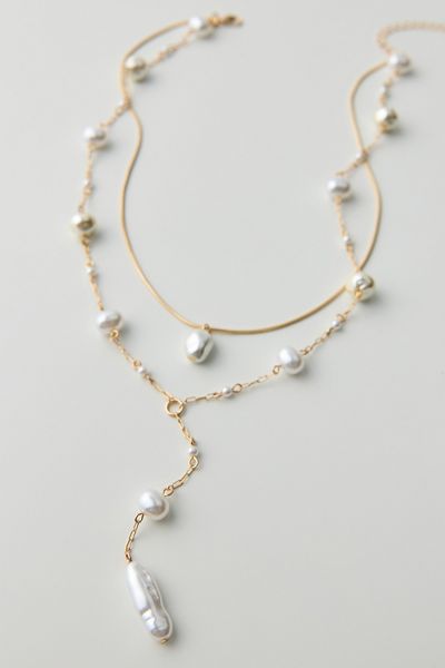 Pearly Corded Lariat Layered Necklace