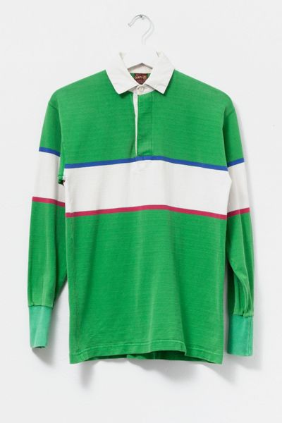 Vintage 1980s Distressed Green Stripped Rugby Shirt