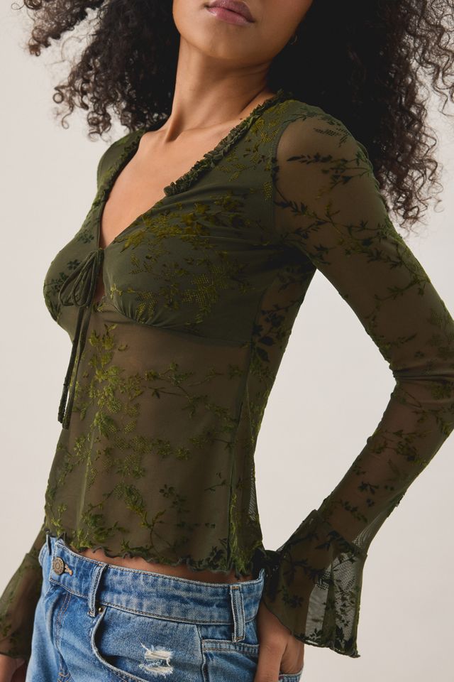 Kimchi Blue Teagan Flocked Sheer Mesh Long Sleeve Top | Urban Outfitters