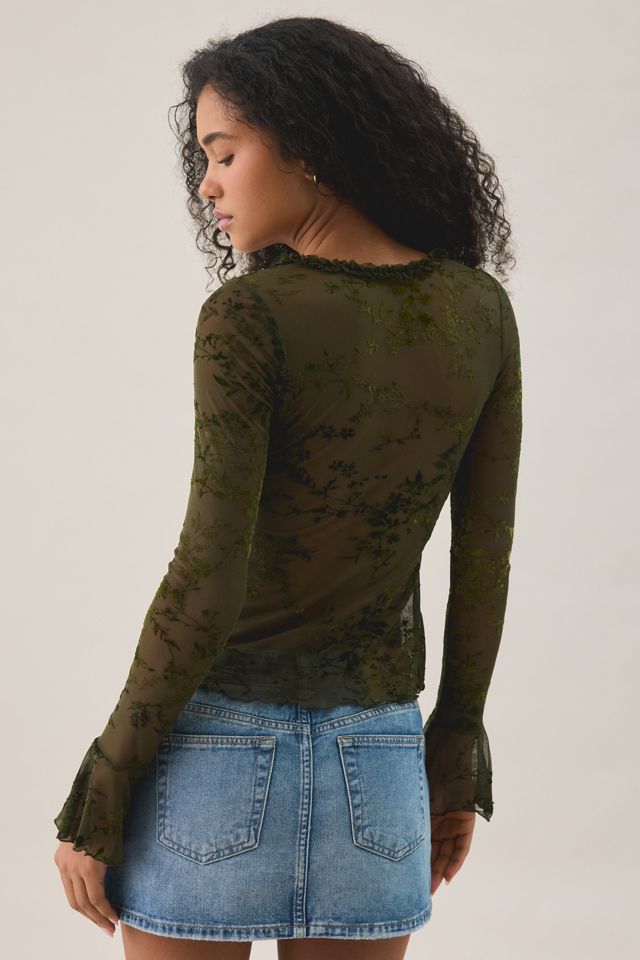 Kimchi Blue Teagan Flocked Sheer Mesh Long Sleeve Top | Urban Outfitters