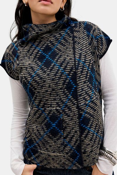 BDG Checked Out Asymmetric Wrap Funnel Neck Vest