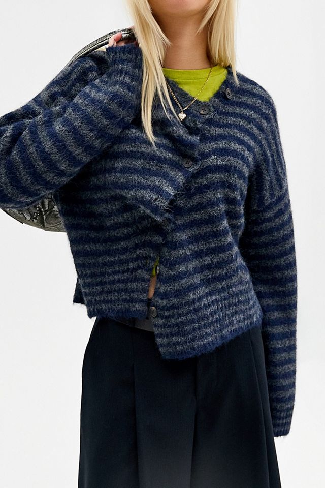 UO Fuzzy Striped Asymmetrical Cardigan #3
