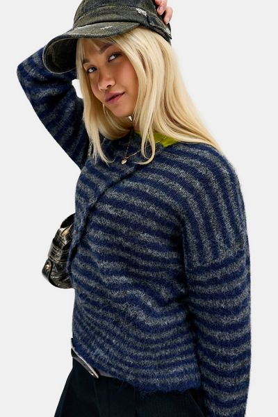 UO Fuzzy Striped Asymmetrical Cardigan