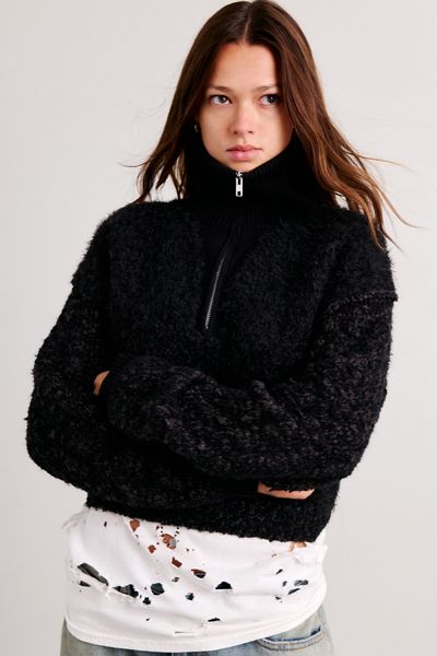 BDG Buffy Fuzzy Knit Quarter Zip Funnel Neck Sweater