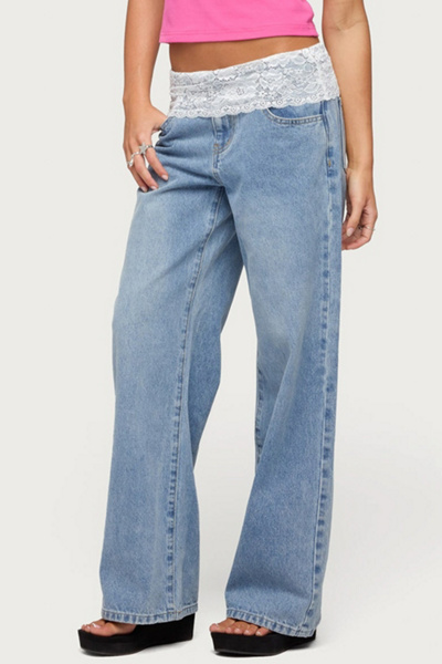 Edikted Lacey Foldover Low Rise Baggy Jeans