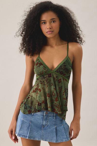 Kimchi Blue Celia Printed Mesh Lace Trim Babydoll Cami