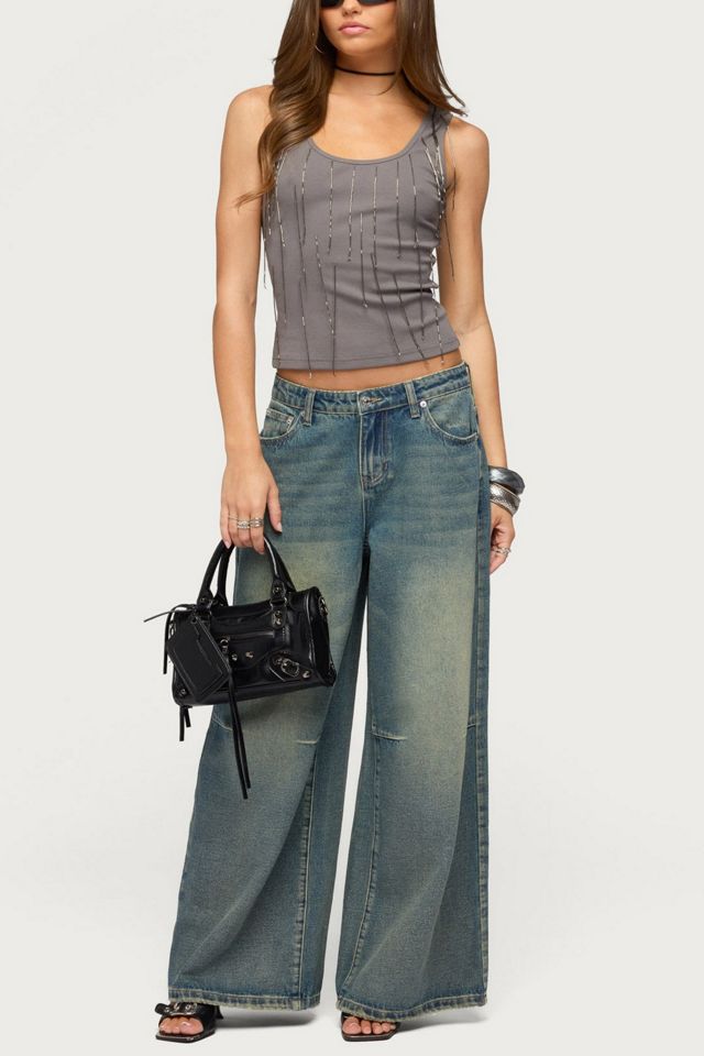 Edikted Beaded Fringe Ribbed Tank Top #1