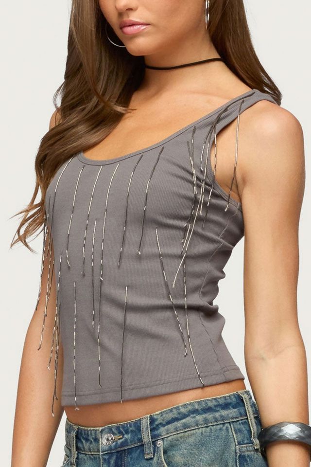 Edikted Beaded Fringe Ribbed Tank Top #2