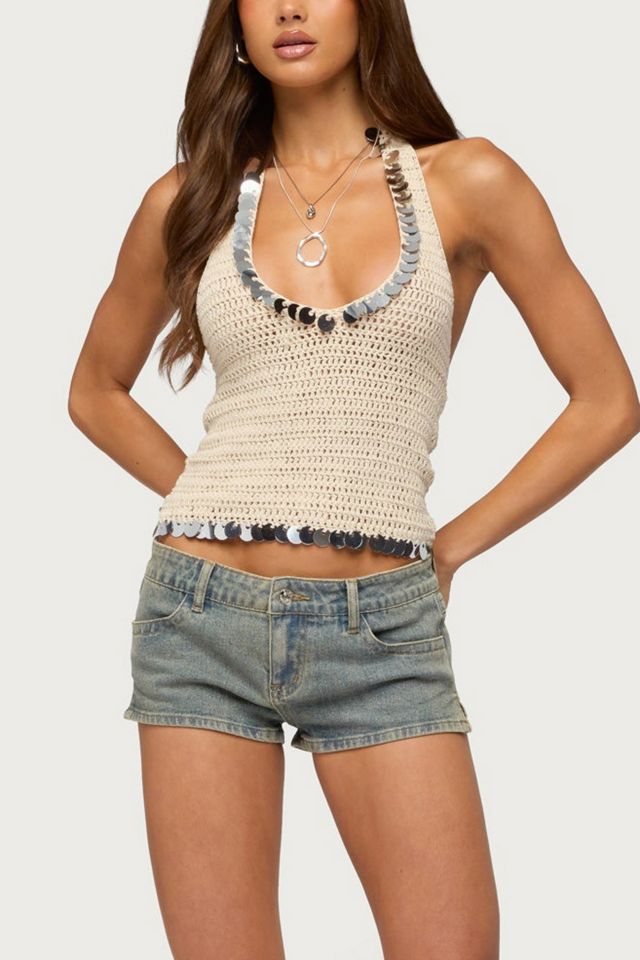 Edikted Kimiko Sequin Crochet Halter Top #3