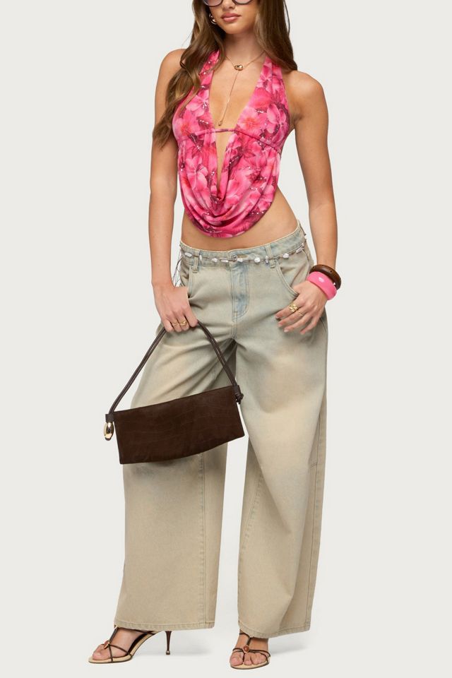 Edikted Floral Mesh Backless Cowl Neck Top #1