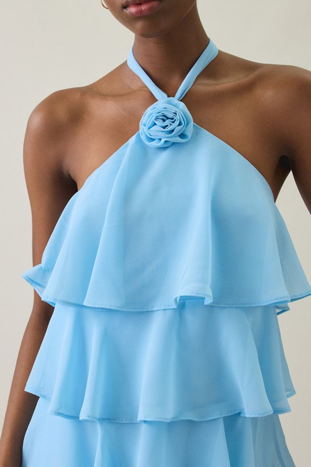 UO Rosalie Flower Applique Tiered Ruffle Halter Mini Dress #1