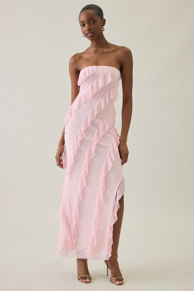 UO Petal Drift Asymmetric Cascading Ruffle Strapless Maxi Dress