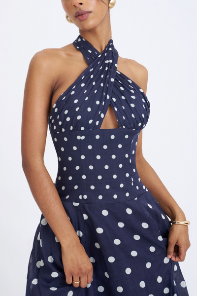 Miss Circle Nuri Polka Dot Ramie Crossover Halter A-Line Midi Dress